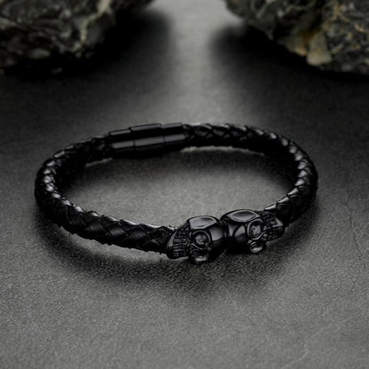 Black Braided Leather Bracelet With Skull for Men