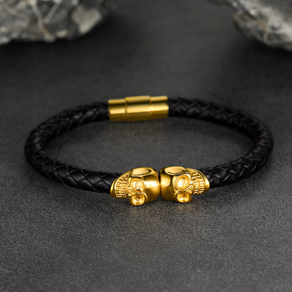 Black Braided Leather Bracelet With Skull for Men