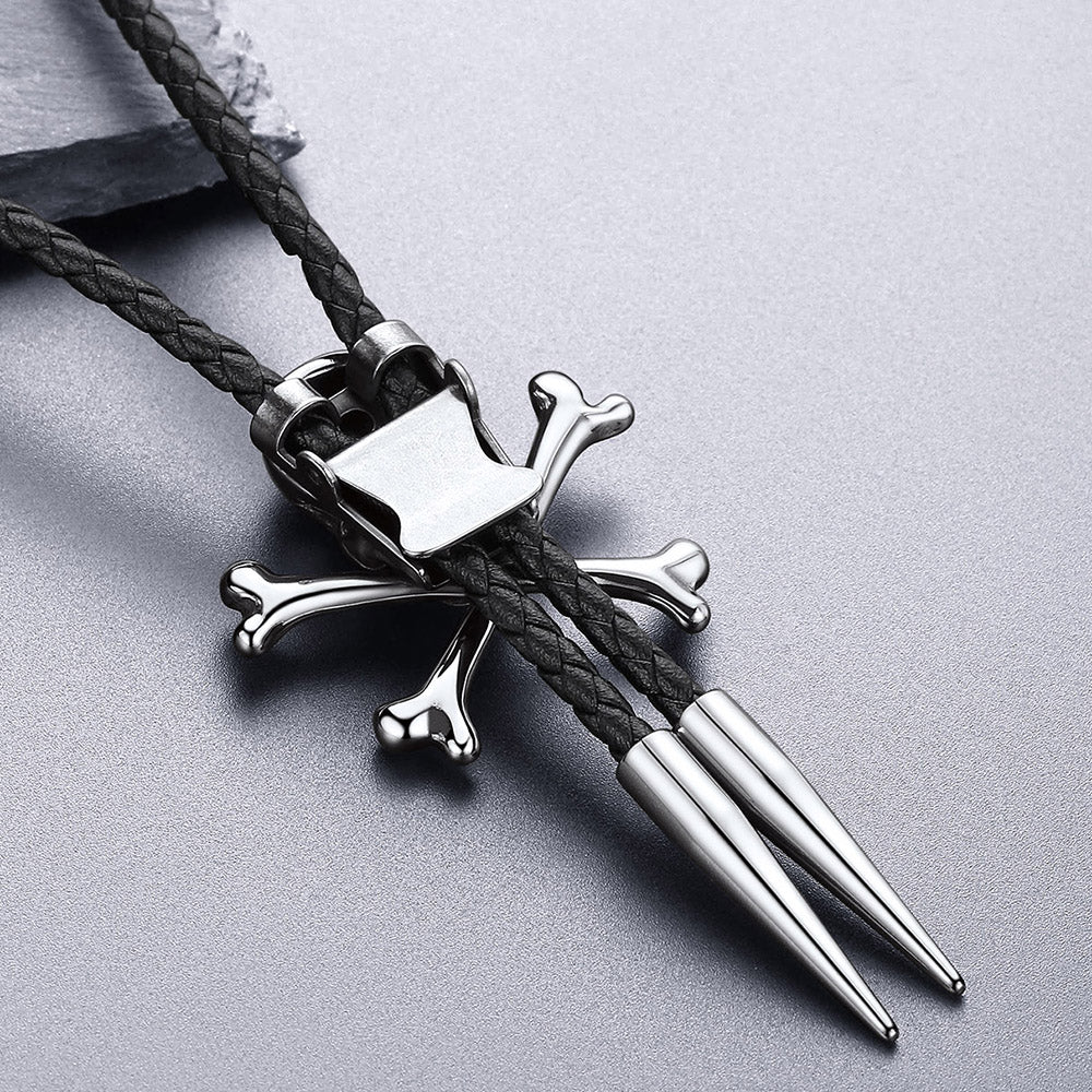 FaithHeart Crossbone Skull Genuine Leather Vintage Necktie for Men FaithHeart