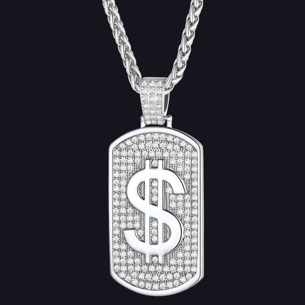 FaithHeart Hip Hop Dollar Design Cubic Zirconia Bling Dog Tag Necklaces FaithHeart