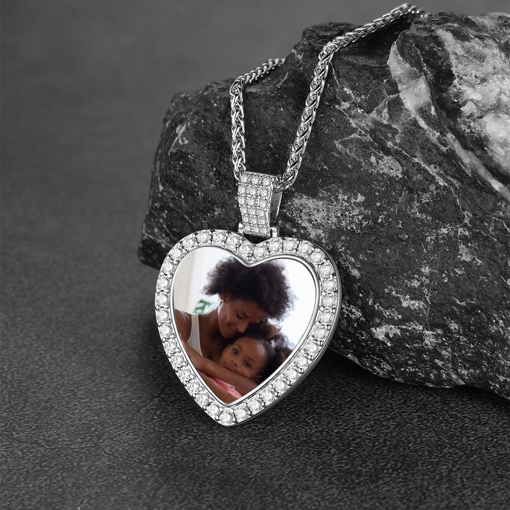 Silver Personalized Heart Picture Necklace Gift With Cubic Zirconia