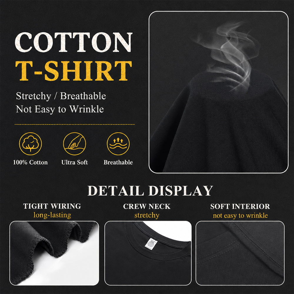 Black cotton t-shirt with features and details on a dark background