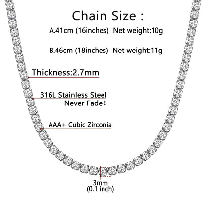 Bling CZ Diamond Cut Tennis Chain Necklace for Men Women