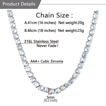 Cubic Zirconia Cut Tennis Chain Necklace Bling Chain for Men Women