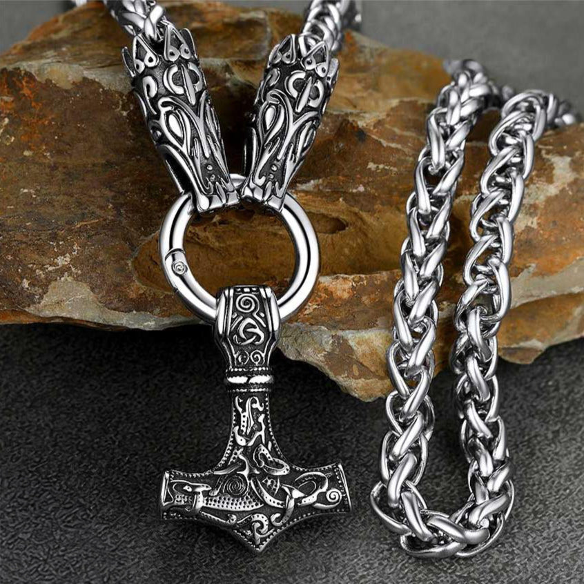 Viking Thors Hammer Mjolnir Necklace Wolf Chain