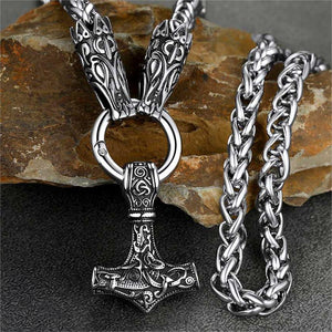 Viking Thor's Hammer Mjolnir Necklace For Men With Wolf Chain