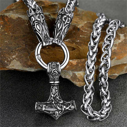 Viking Thor's Hammer Mjolnir Necklace For Men With Wolf Chain