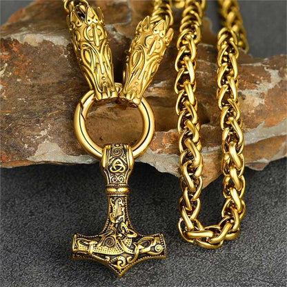 Viking Thor's Hammer Mjolnir Necklace For Men With Wolf Chain