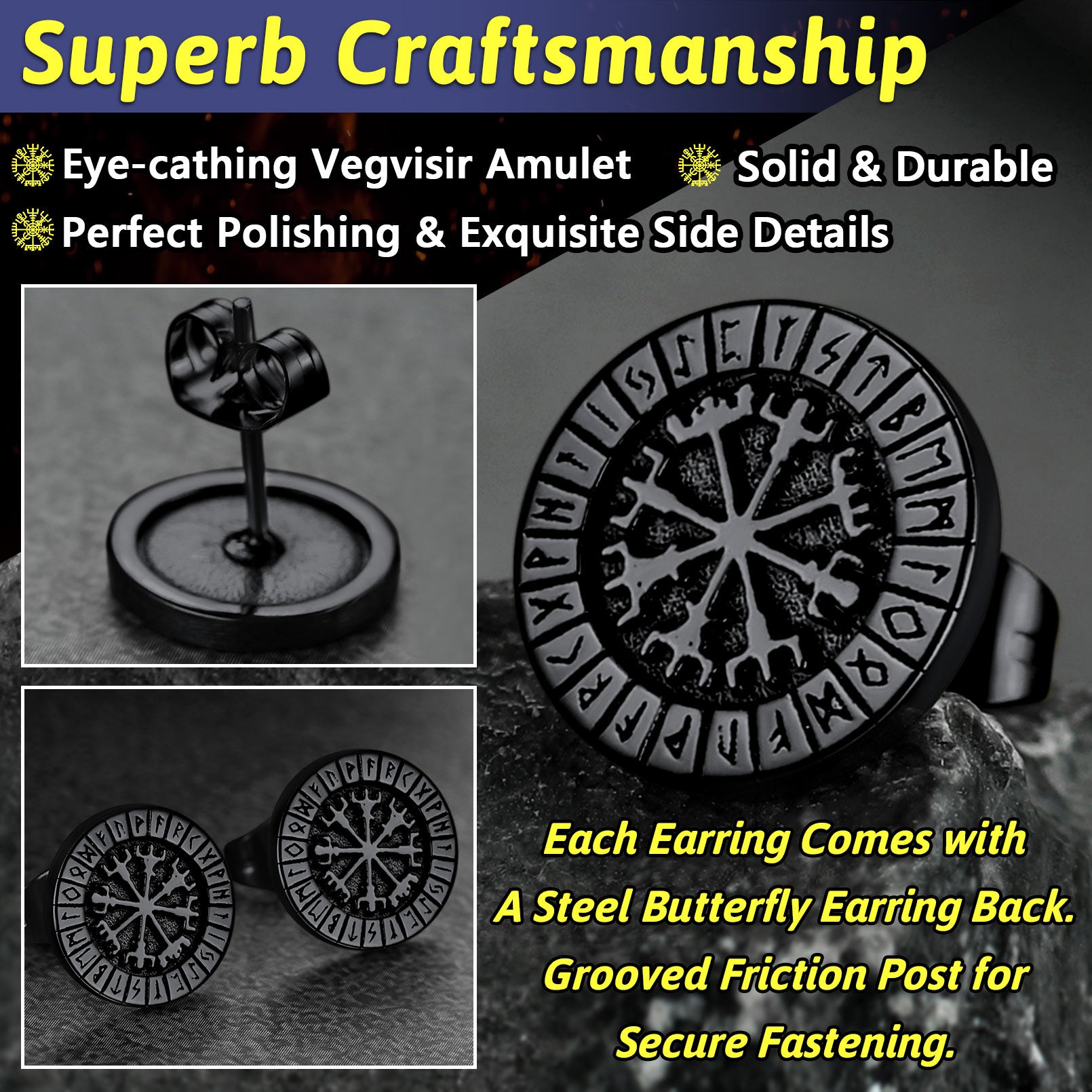 Norse Viking Compass Vegvisir Stud Earrings For Men