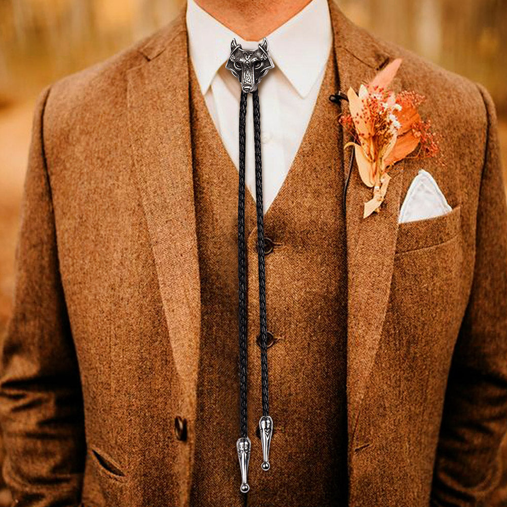 FaithHeart Norse Viking Wolf Genuine Leather Necktie FaithHeart