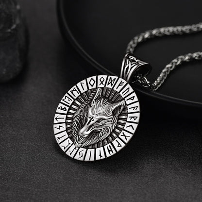 Viking Wolf Medal Necklace With Runes Jewelry For Men