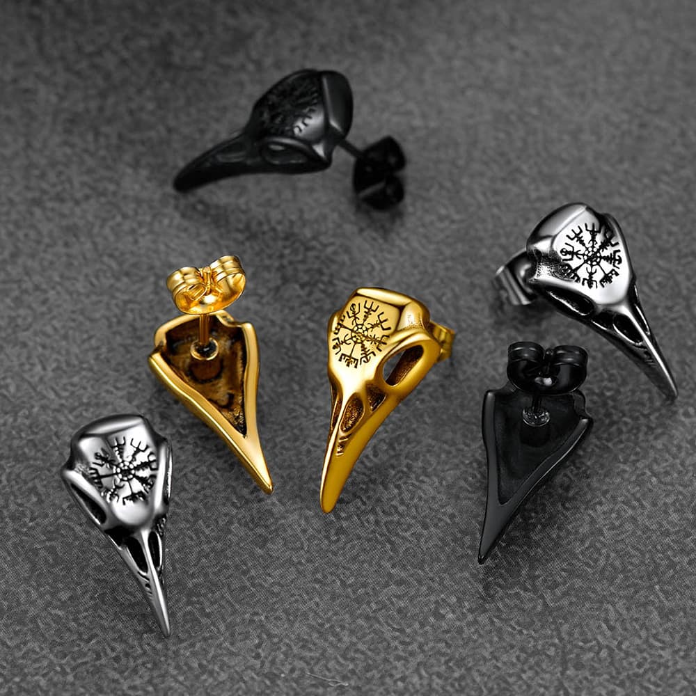 FaithHeart Viking Raven Skull Stud Earrings With Compass For Men FaithHeart