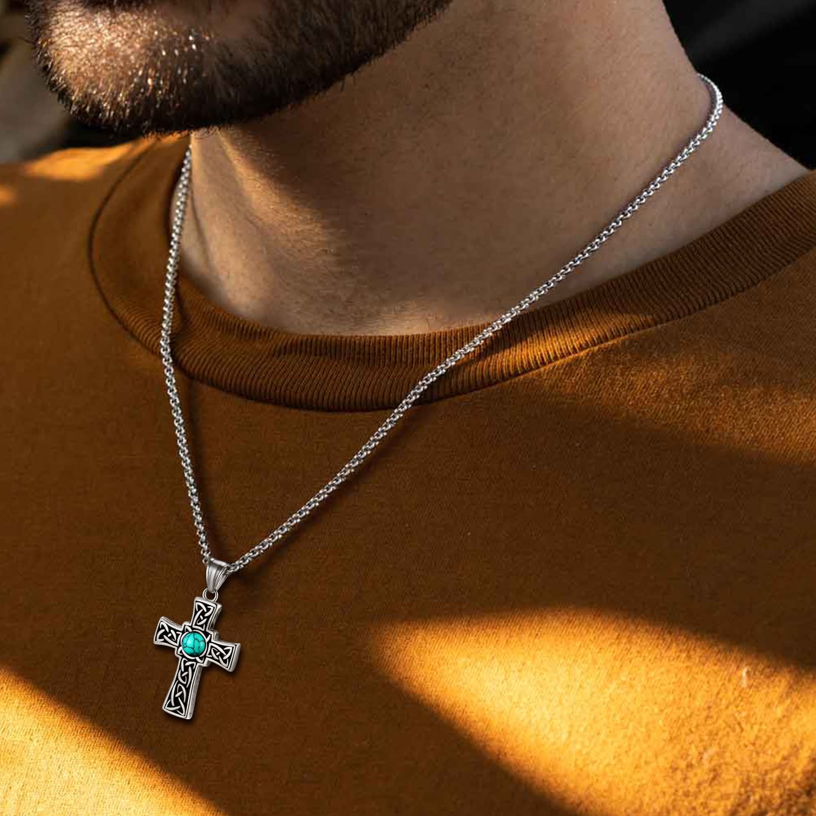 FaithHeart Turquoise Celtic Cross Pendant Necklace For Men FaithHeart