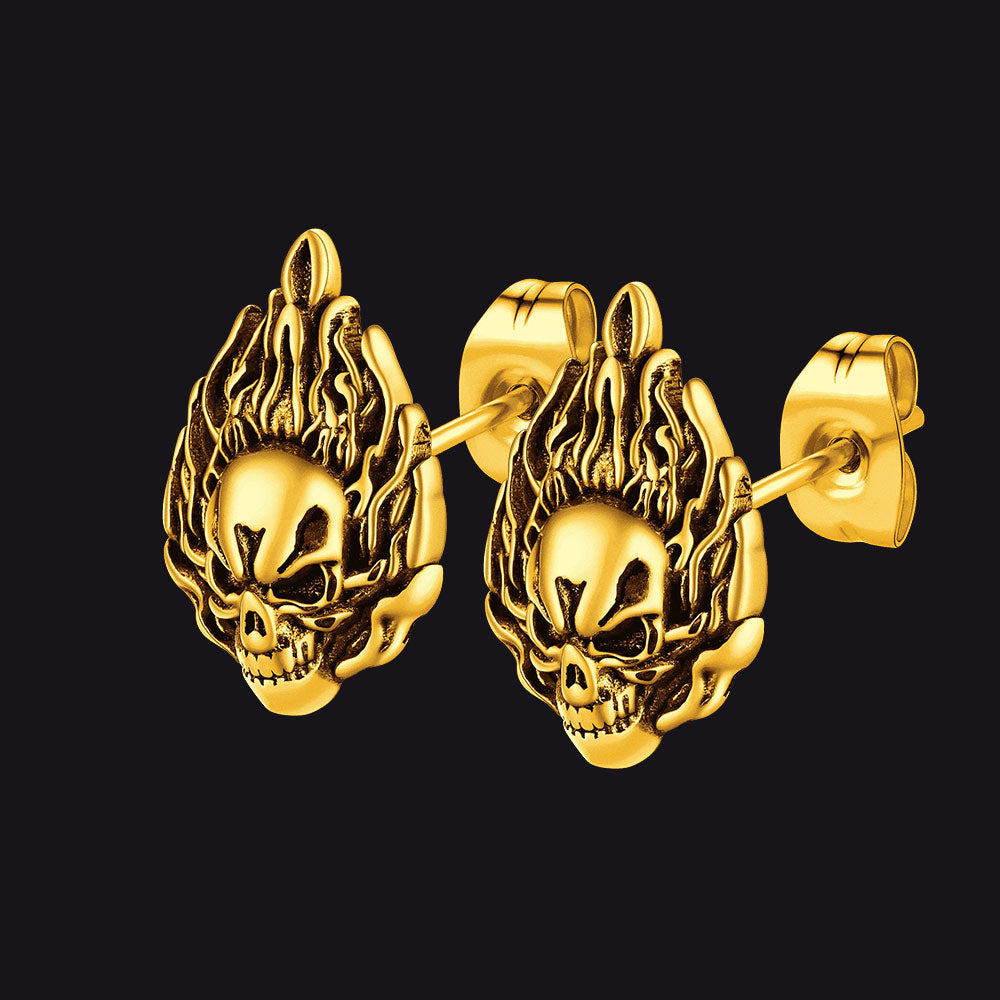 FaithHeart Flame Skull Stud Earrings For Men FaithHeart