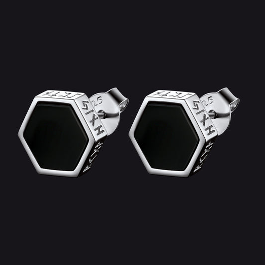 FaithHeart Hexagon Viking Rune Black Onyx Stud Earrings for Men FaithHeart