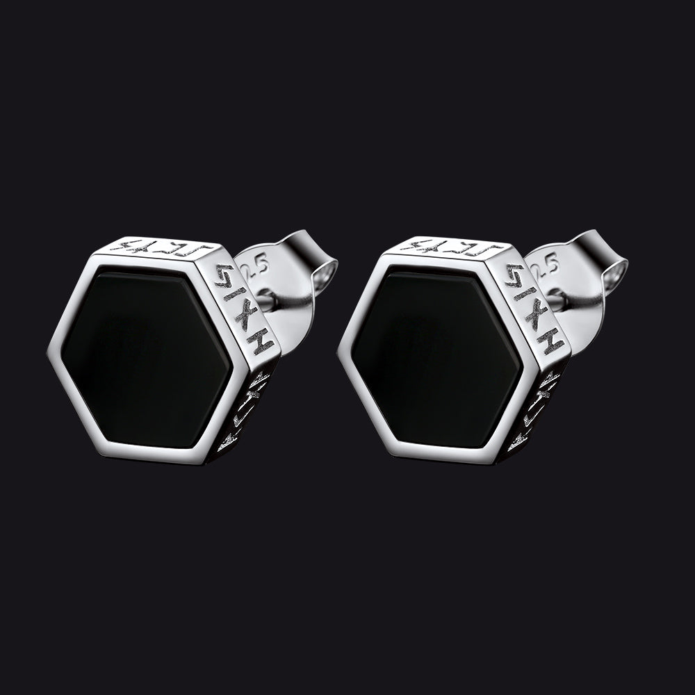 Hexagon Viking Rune Onyx Stud Earrings