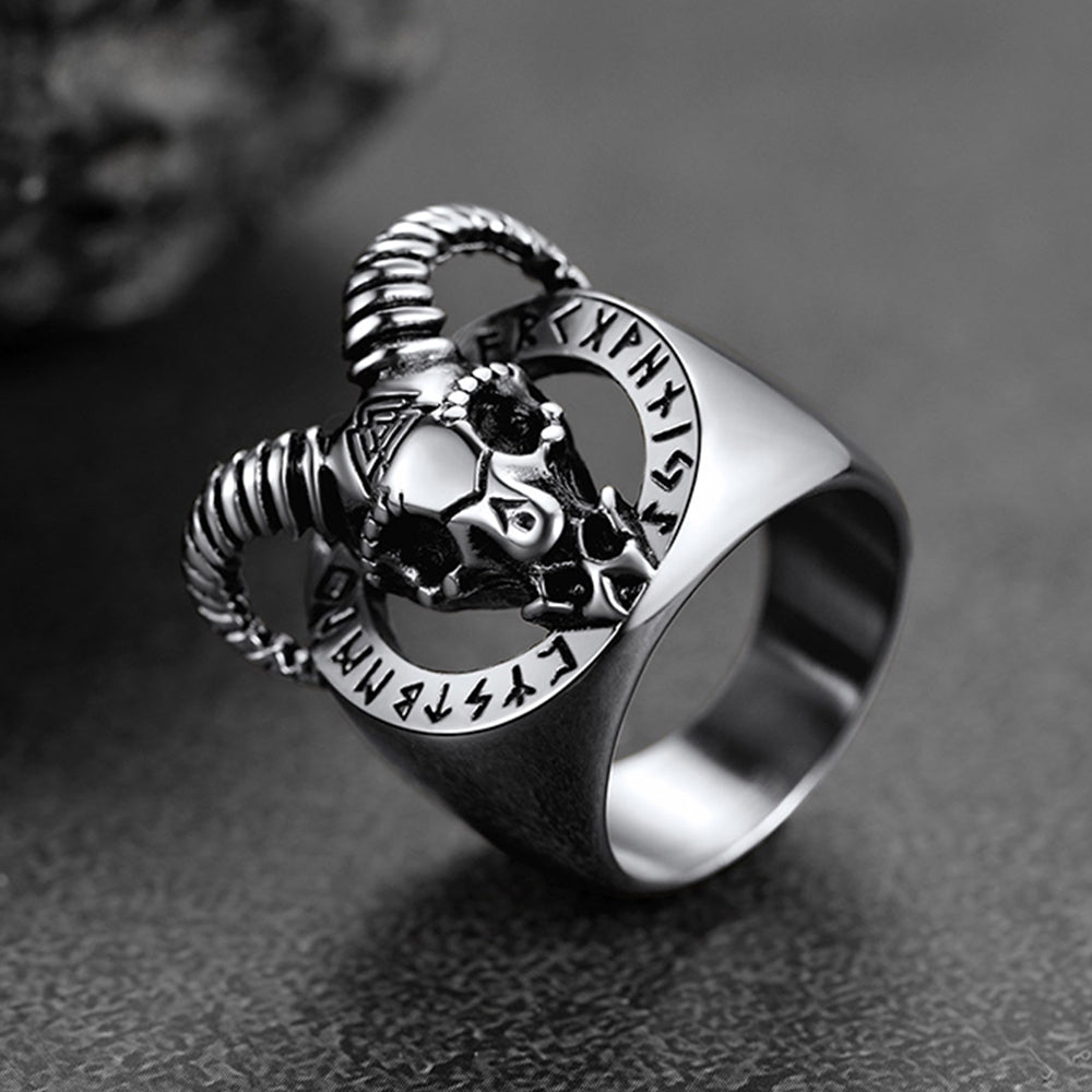 FaithHeart Satanic Goat Skull Ring With Viking Runes For Men FaithHeart
