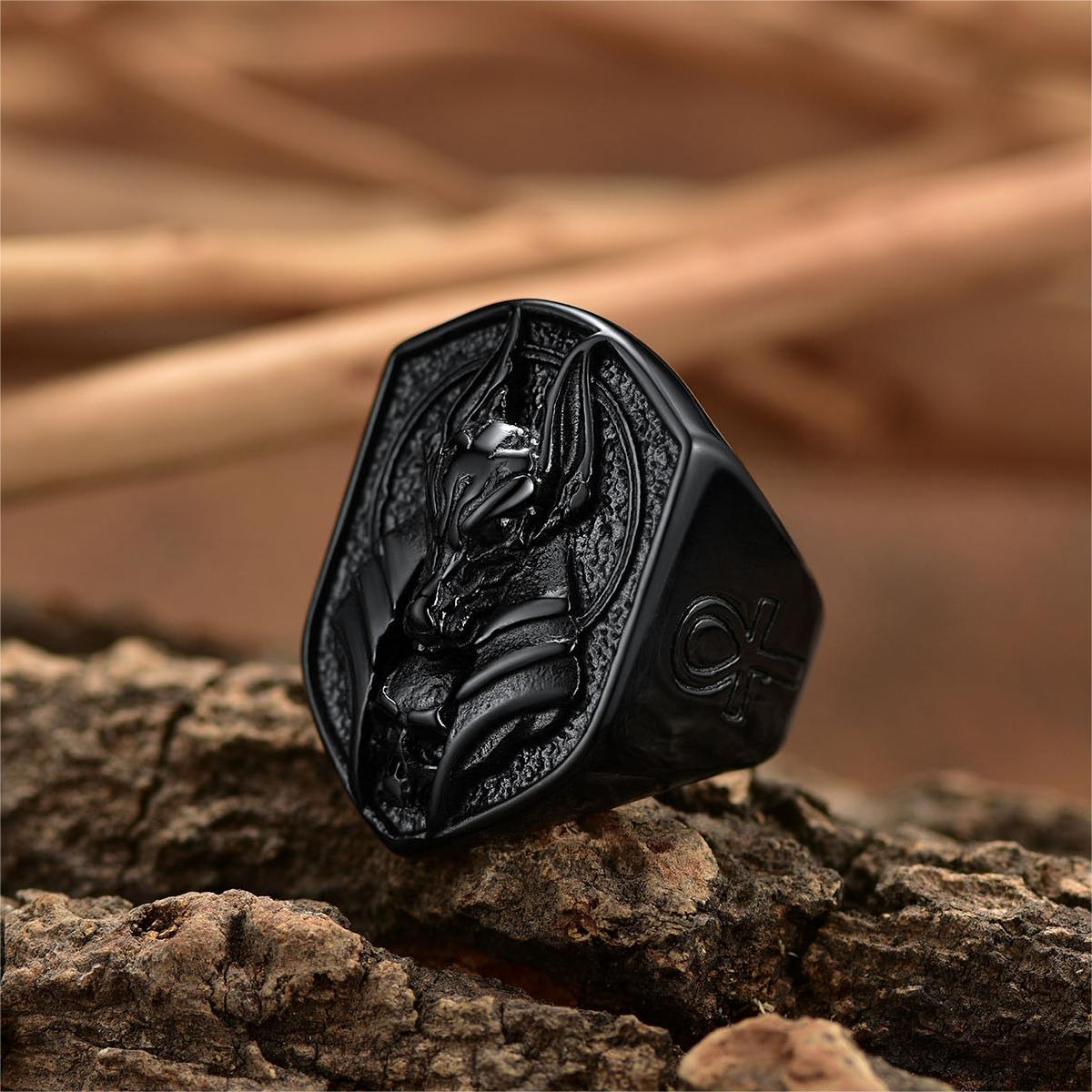 FaithHeart Ancient Egyptian Anubis Signet Ring With Ankh Cross for Men FaithHeart