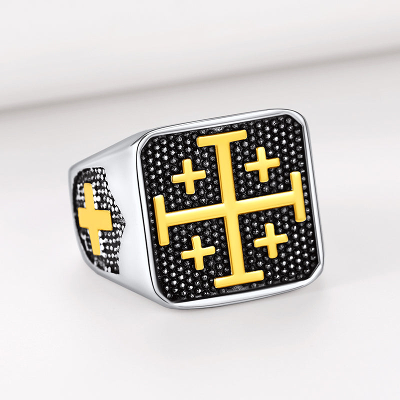 FaithHeart Jerusalem Cross Signet Ring For Men FaithHeart