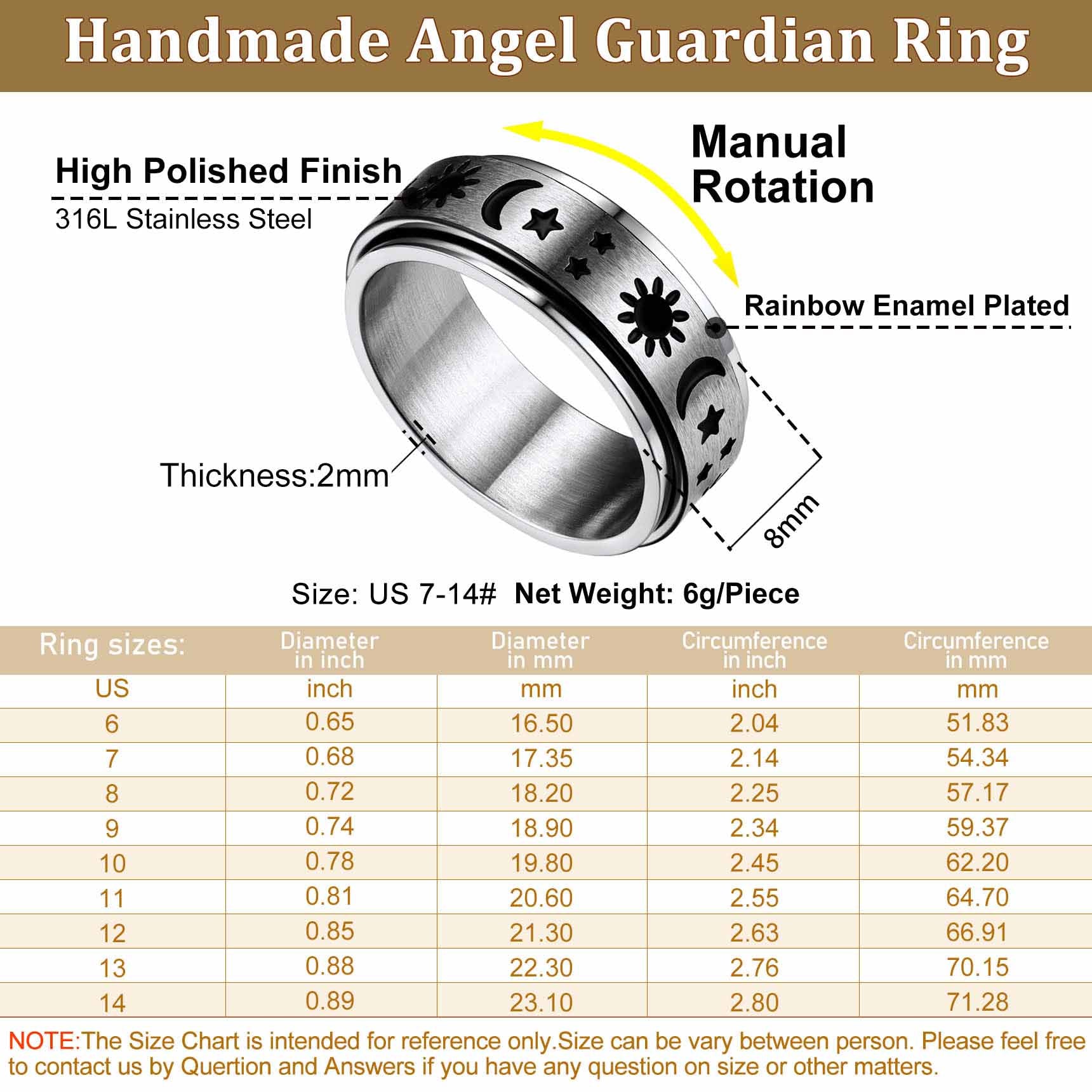 FaithHeart Moon Star Sun Ring Fidget Ring for Anxiety Stainless Steel FaithHeart