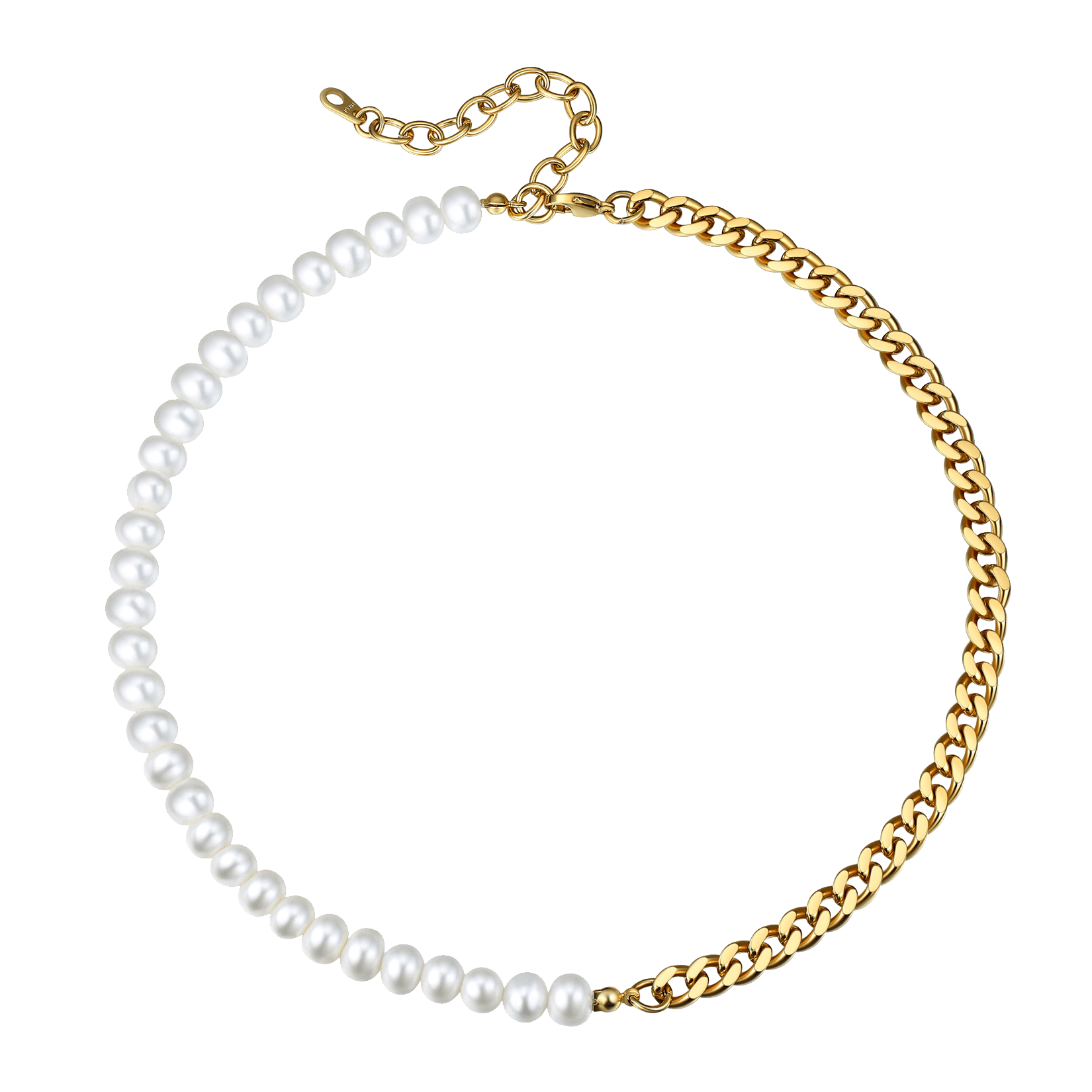 Half 8mm Pearl Half 7mm Cuban Link Chain Choker Necklace