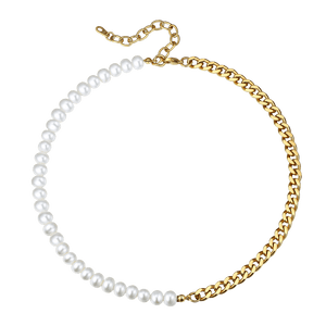 FaithHeart Half 8MM White Pearl and Half 8MM Cuban Link Choker Necklace FaithHeart