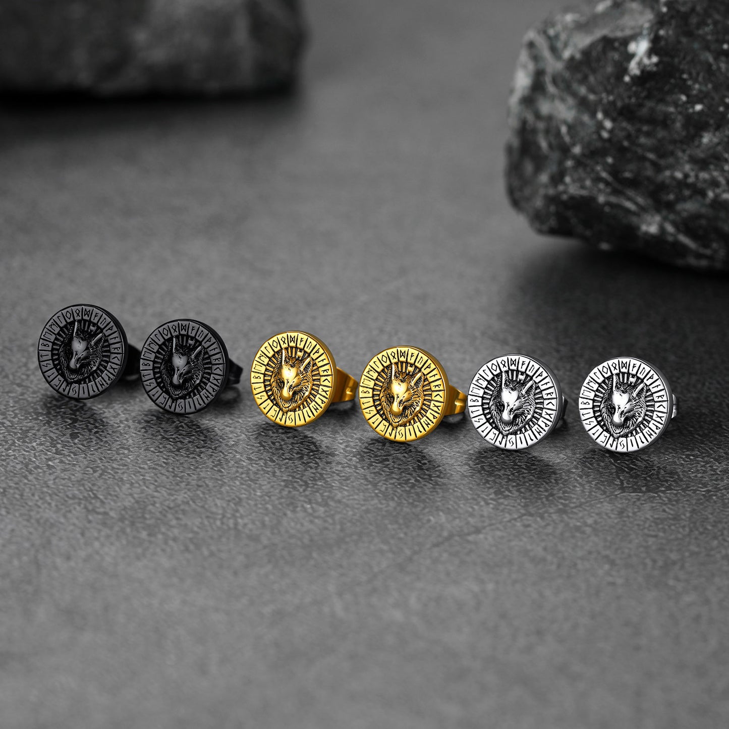 FaithHeart Viking Wolf Head Stud Earrings with Runes For Men FaithHeart