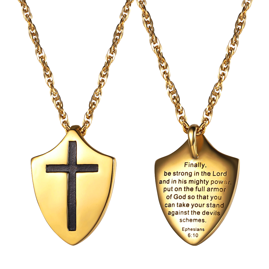 FaithHeart Christian Cross Shield Pendant Necklace with Ephesians 6:10 for Men FaithHeart