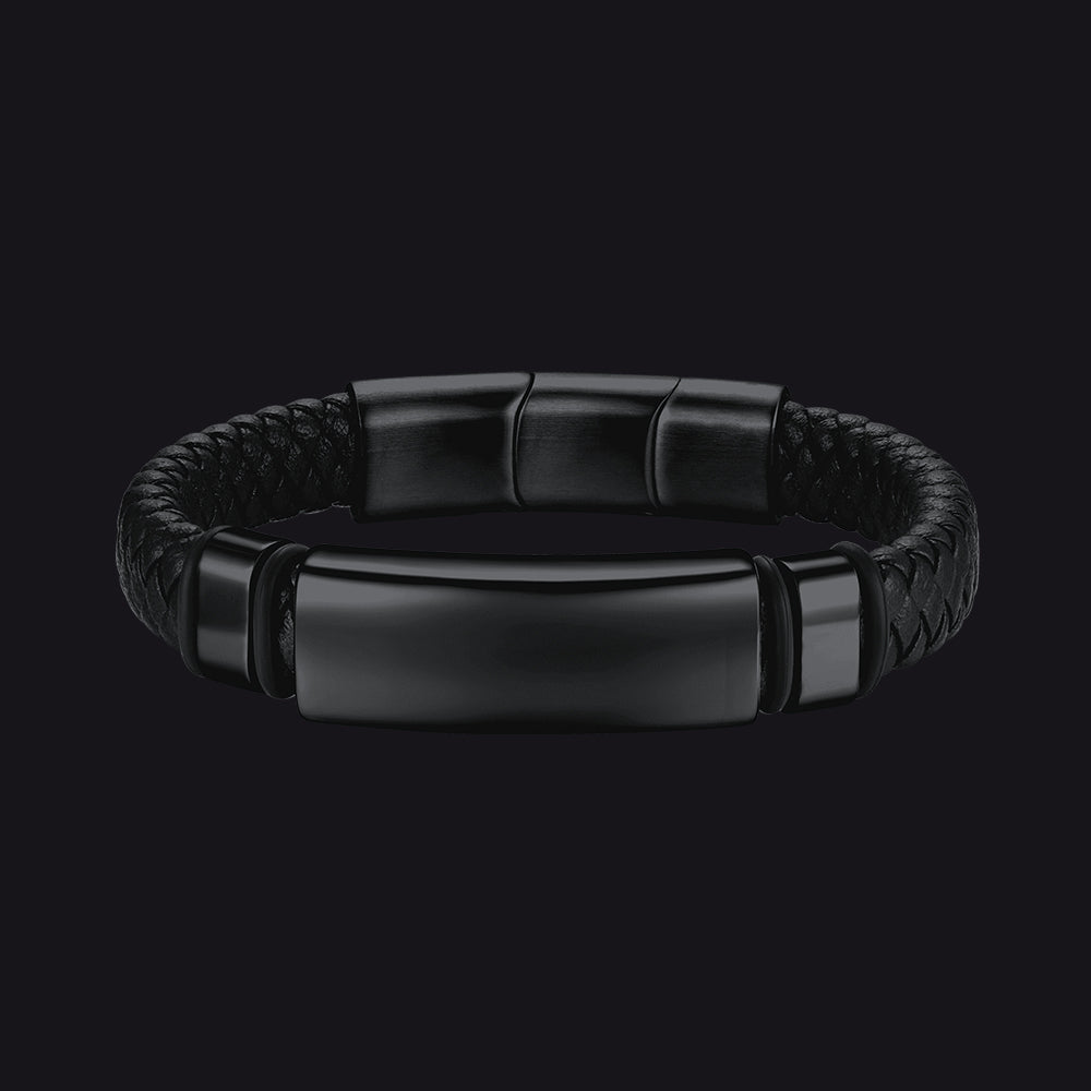 FaithHeart Custom ID Tag Braided Black Leather Bracelet Cuff For Men FaithHeart