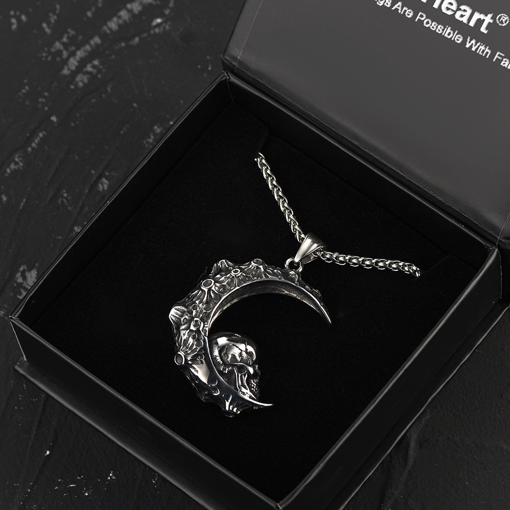 FaithHeart Crescent Moon Skull Necklace Stainless Steel Pendant for Men FaithHeart