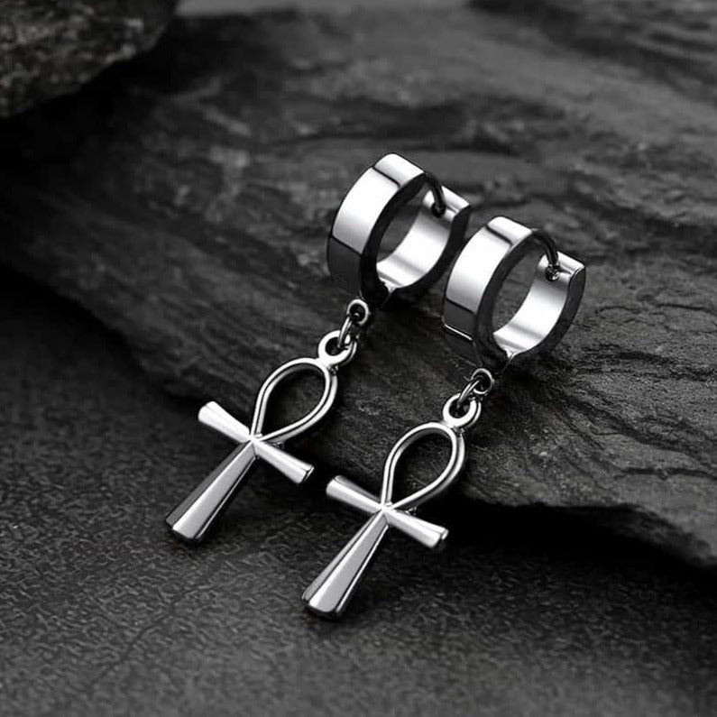 FaithHeart Ankh Cross Huggie Hoop Earrings for Men FaithHeart