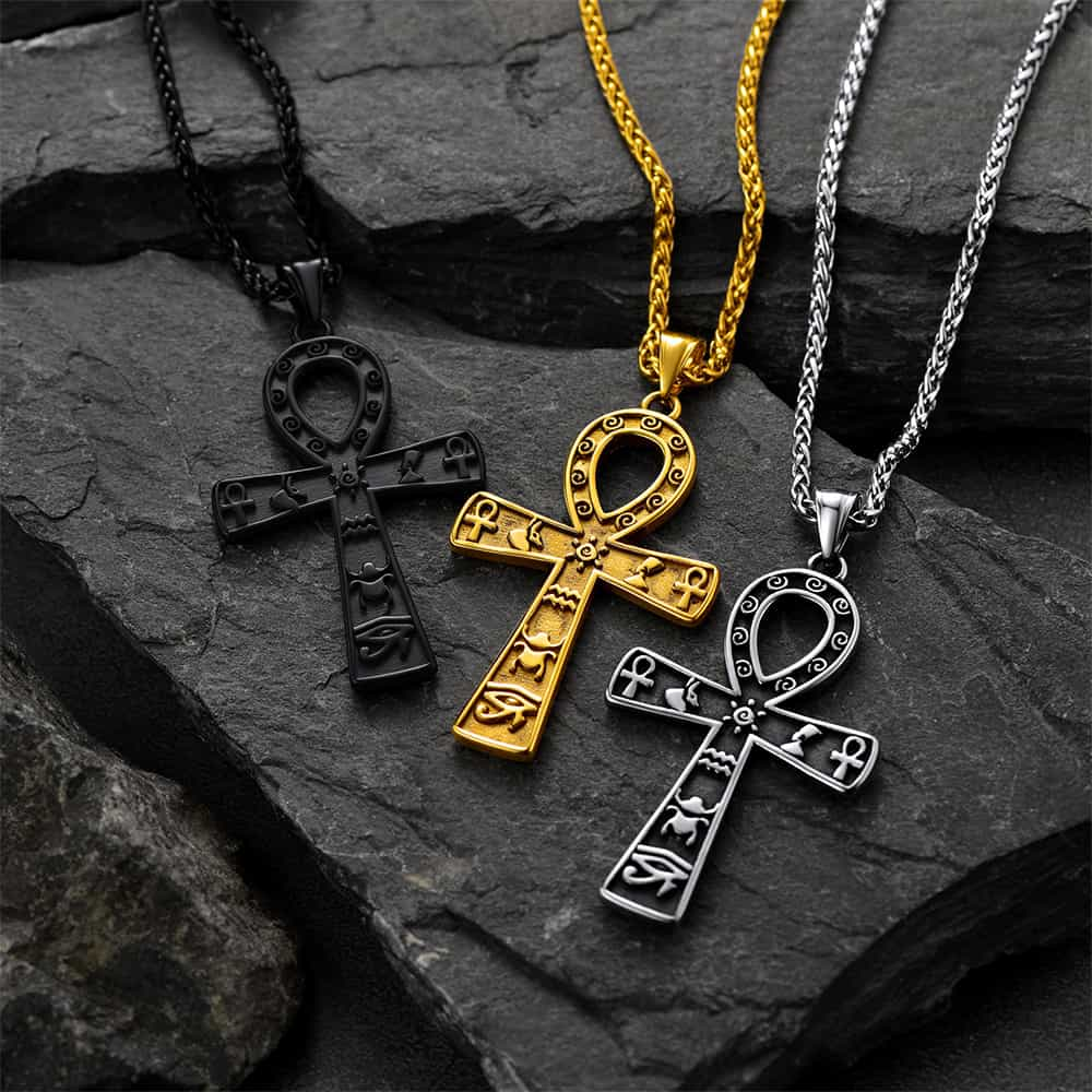 FaithHeart Egyptian Ankh Cross Pendant Necklace With Hieroglyphic For Men FaithHeart