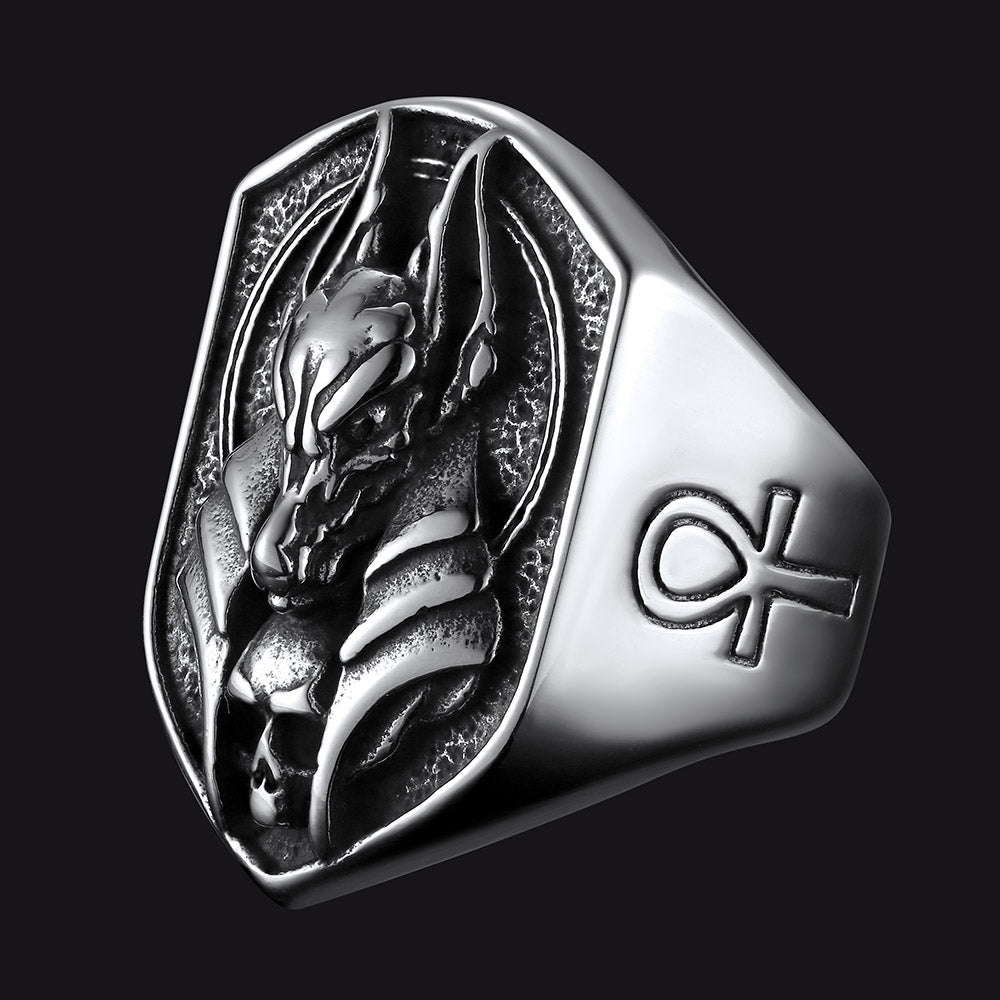 Ancient Egyptian Anubis Signet Ring Ankh Cross