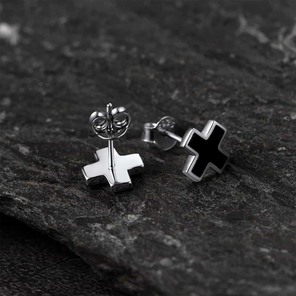 FaithHeart Sterling Silver Black Cross Stud Earrings For Men FaithHeart