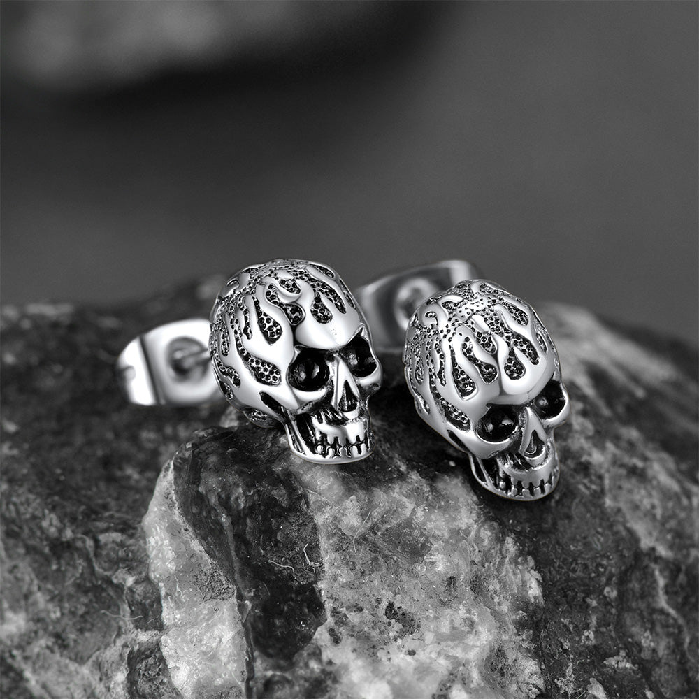 FaithHeart Gothic Flaming Skull Stud Earrings For Men FaithHeart