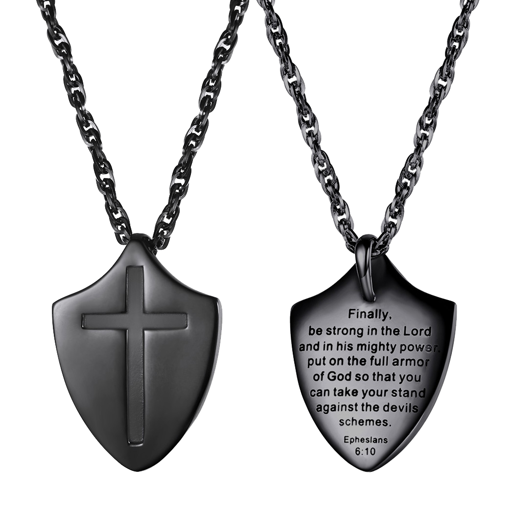 FaithHeart Christian Cross Shield Pendant Necklace with Ephesians 6:10 for Men FaithHeart