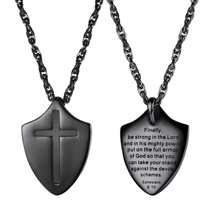 FaithHeart Christian Cross Shield Pendant Necklace with Ephesians 6:10 for Men FaithHeart