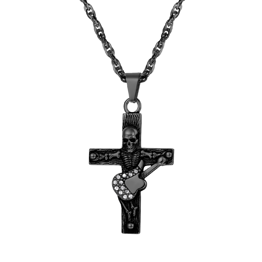 FaithHeart Punk Skull Guitar Cross Necklace for Men FaithHeart