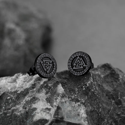 FaithHeart Viking Valknut Black Stud Earrings For Men With Runes FaithHeart