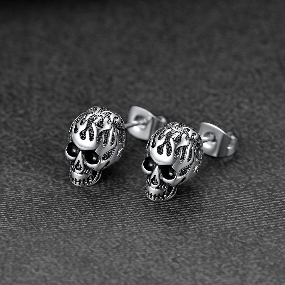FaithHeart Gothic Flaming Skull Stud Earrings For Men FaithHeart