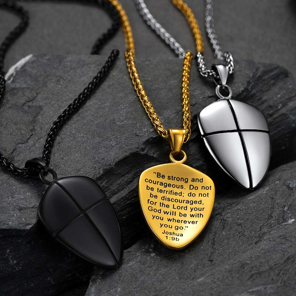 FaithHeart Christian Shield Joshua 1:9 Cross Necklace For Men FaithHeart