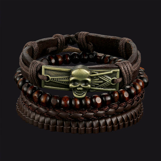 FaithHeart Skull Braided Leather Bracelet Rope Wristband Set For Men FaithHeart