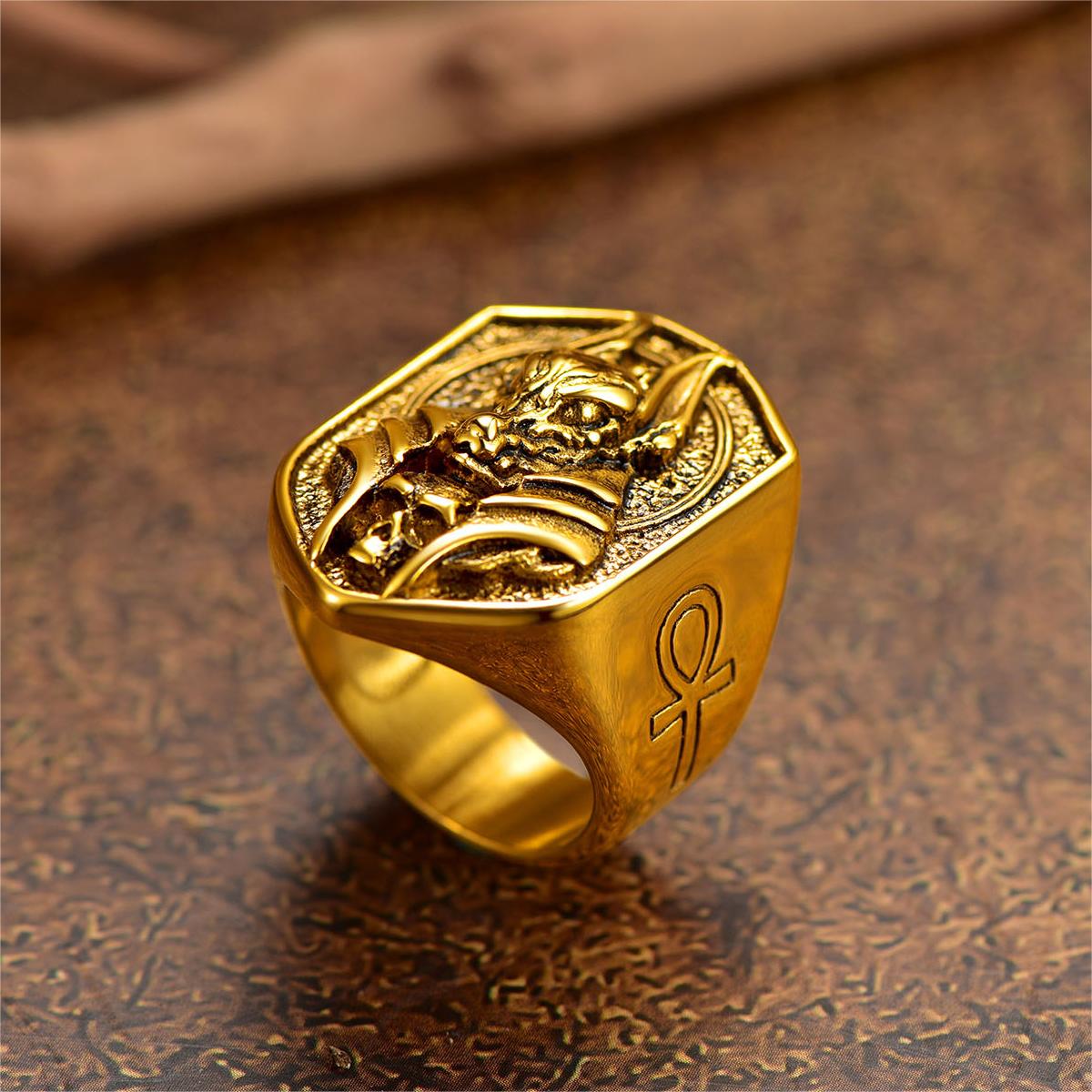 FaithHeart Ancient Egyptian Anubis Signet Ring With Ankh Cross for Men FaithHeart