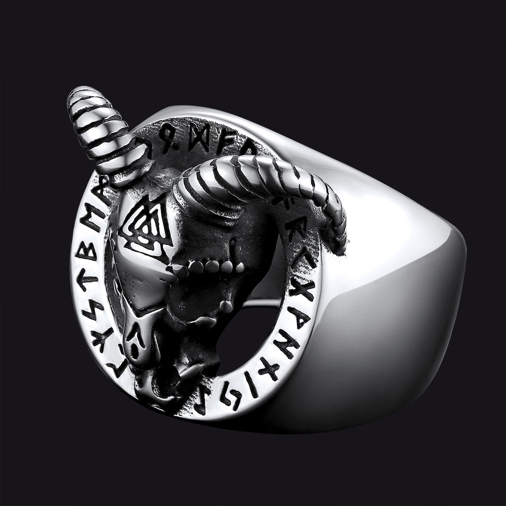FaithHeart Satanic Goat Skull Ring With Viking Runes For Men FaithHeart