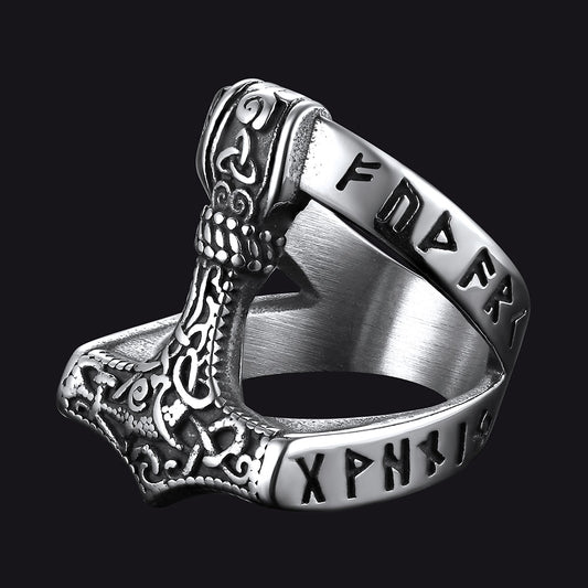 FaithHeart Viking Mjolnir Thor's Hammer Ring with Rune for Men FaithHeart