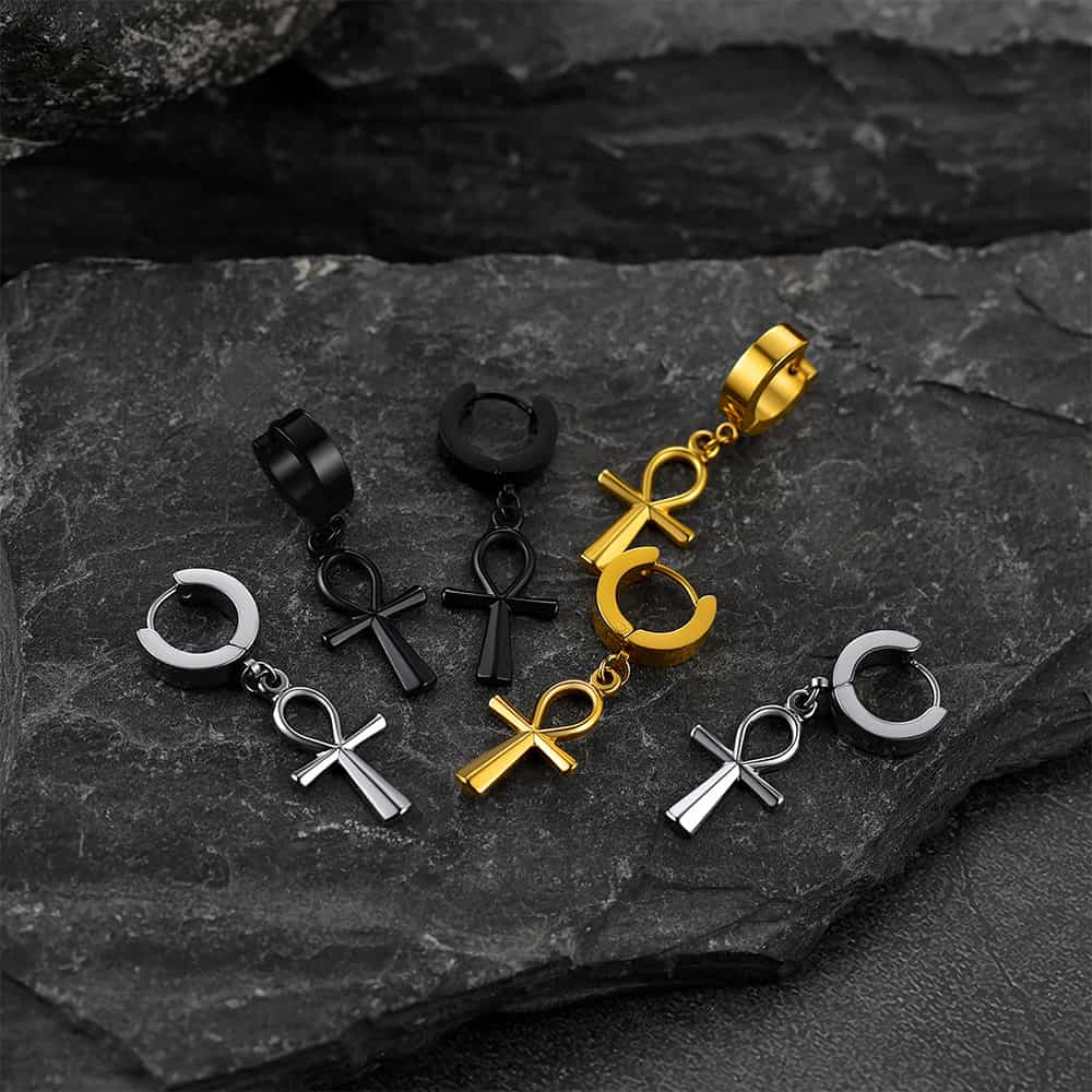 FaithHeart Ankh Cross Huggie Hoop Earrings for Men FaithHeart