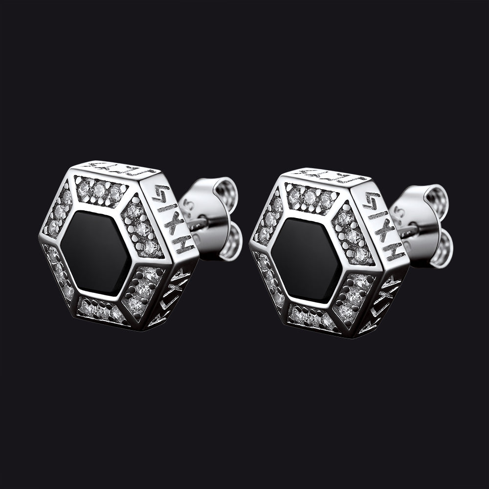 Viking Rune Hexagon Onyx Stud Earrings