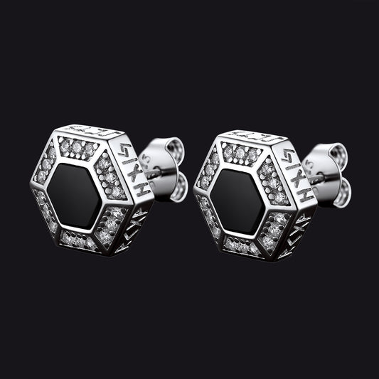 FaithHeart Viking Rune Hexagon Black Onyx Stud Earrings for Men FaithHeart