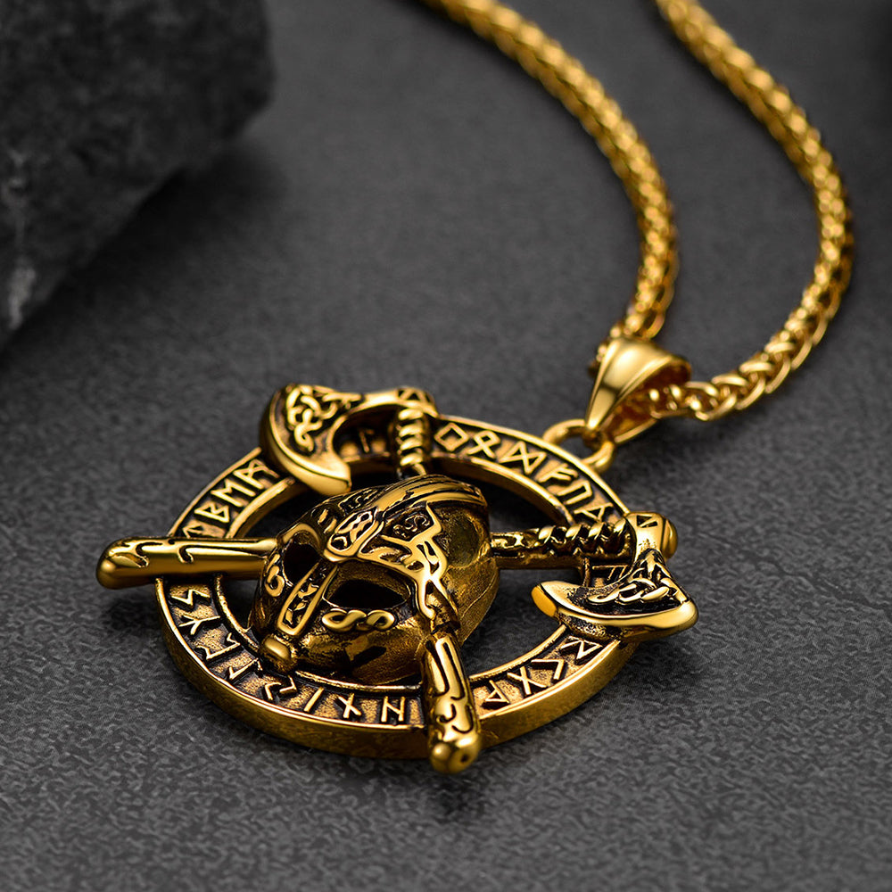 FaithHeart Viking Axe Helmet Pendant Necklace For Men With Runes FaithHeart