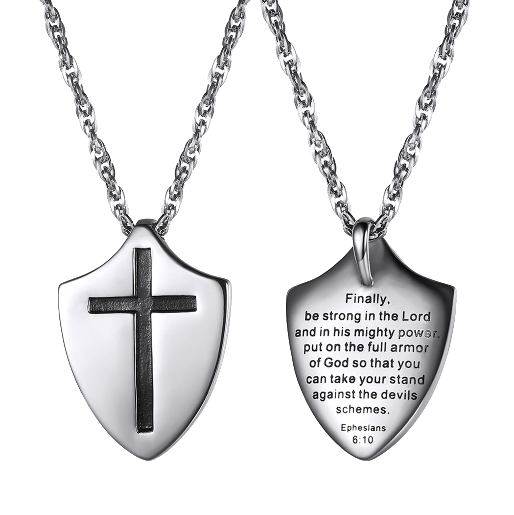 FaithHeart Christian Cross Shield Pendant Necklace with Ephesians 6:10 for Men FaithHeart